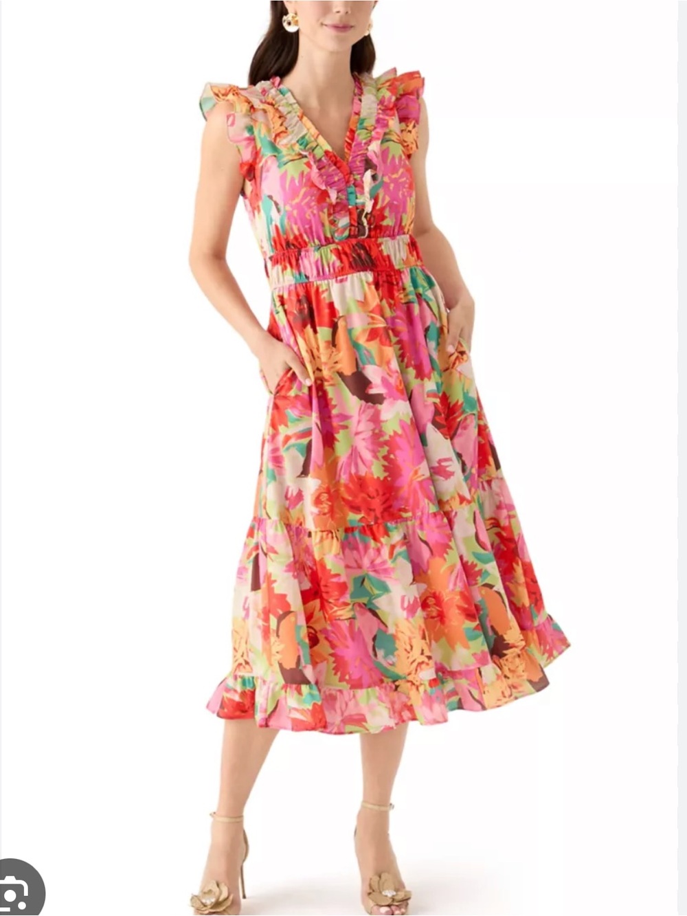 Vince Camuto Multicolor Floral Ruffle Midi Dress